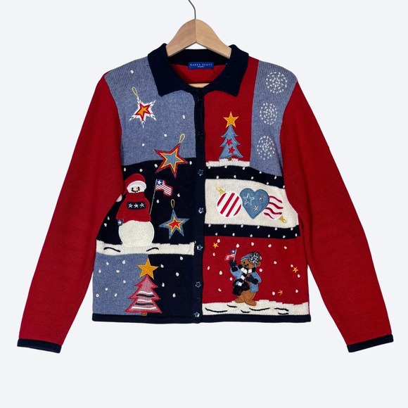 VTG Patchwork‎ Christmas Cardigan Sweater Womens M Snow Star Buttons Karen Scott - Picture 2 of 7